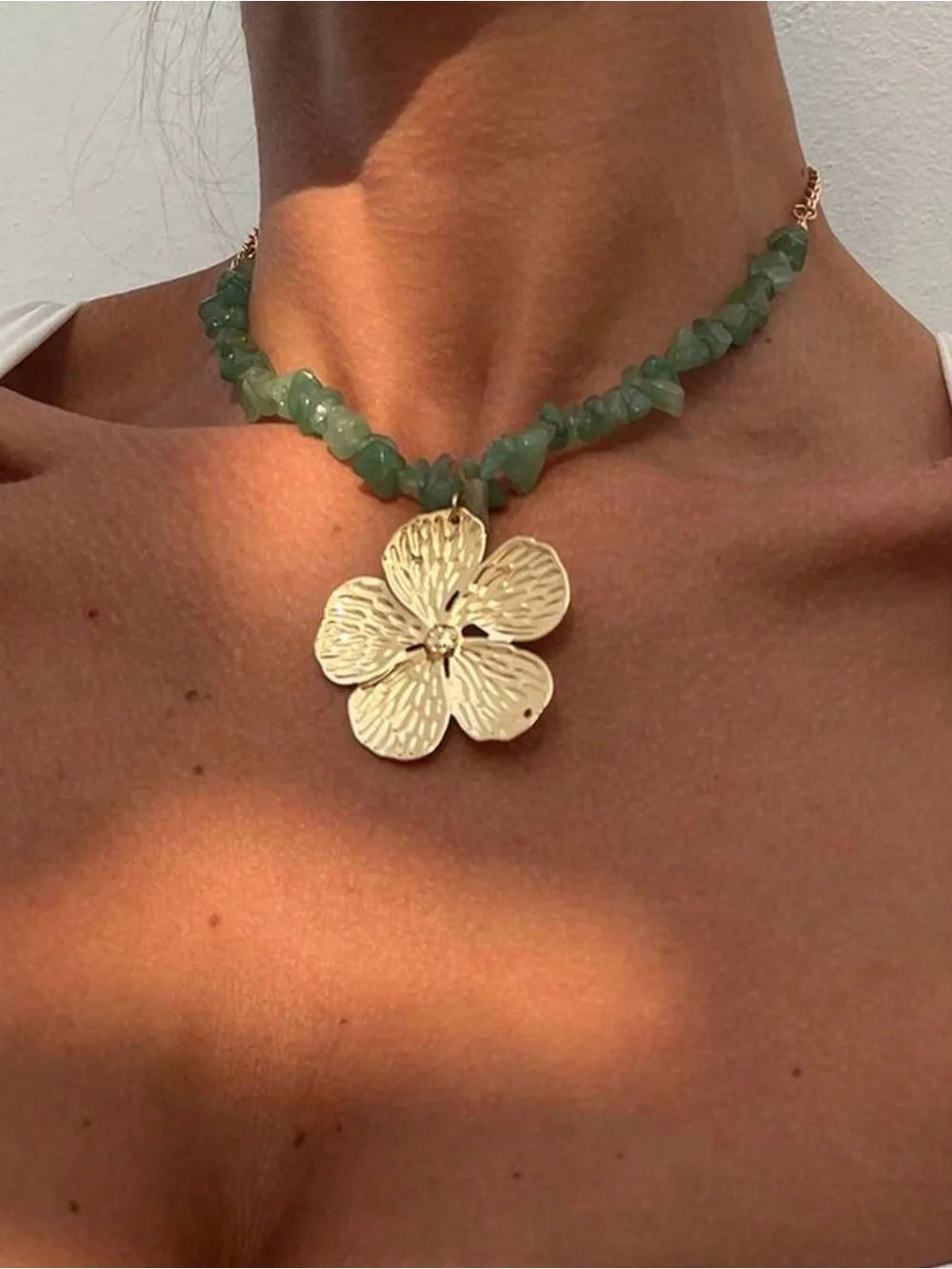 Gold Flower Pendant Necklace with Green Beads - Women Jewelry